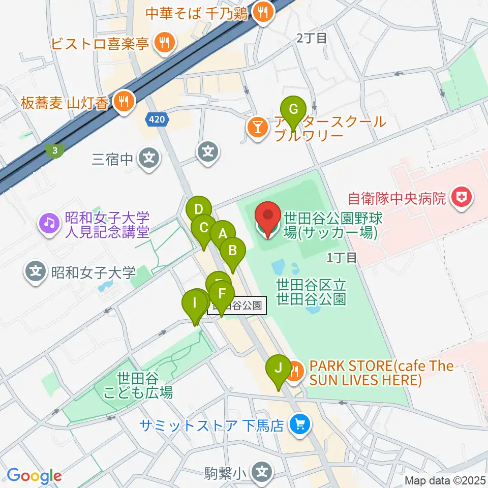 世田谷公園軟式野球場周辺のカフェ一覧地図