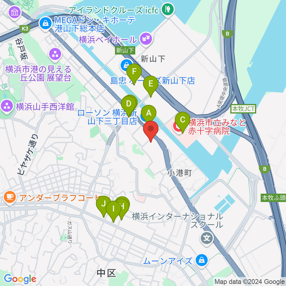 横浜市中スポーツセンター周辺のカフェ一覧地図