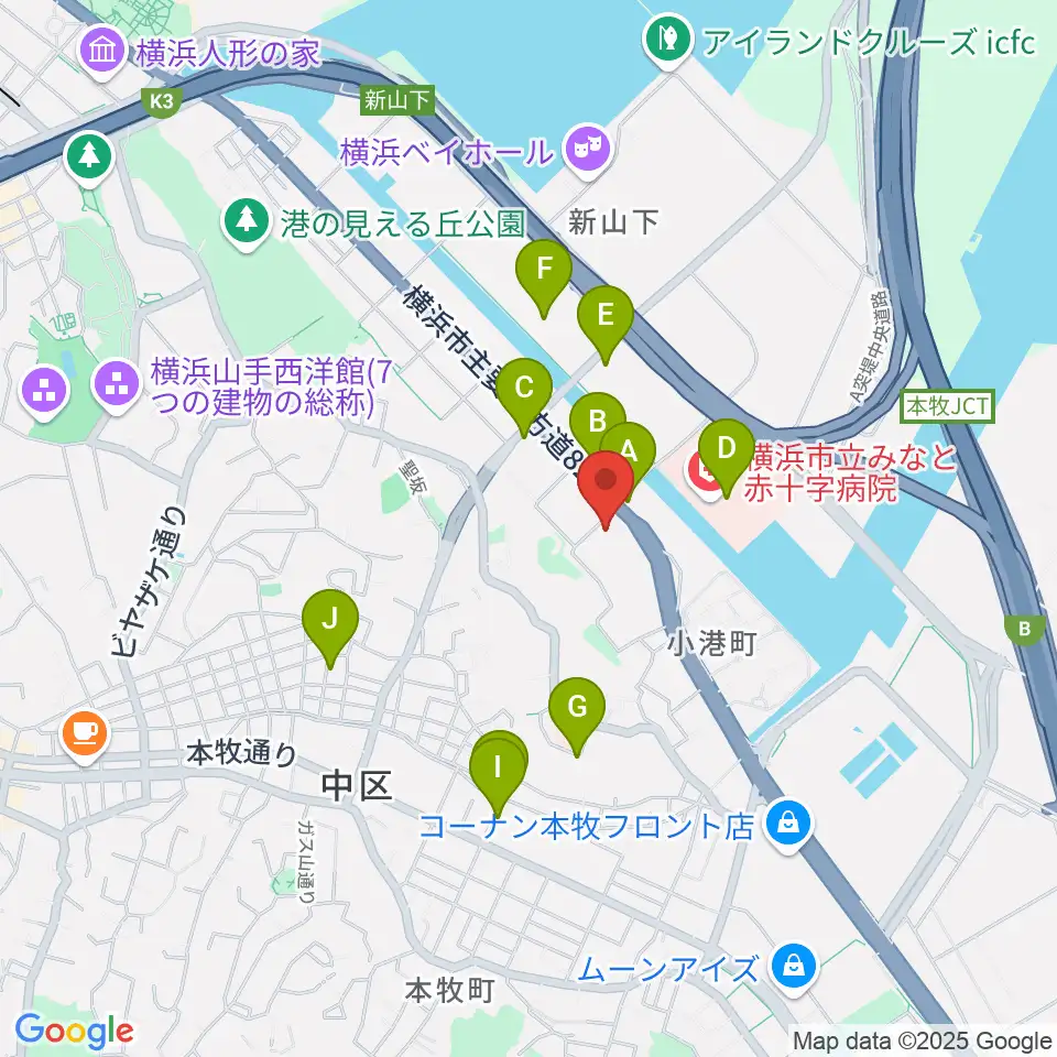 横浜市中スポーツセンター周辺のカフェ一覧地図