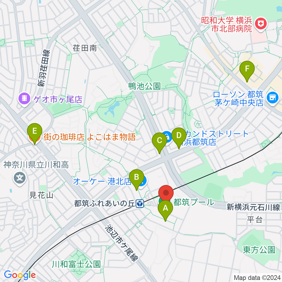 横浜市都筑プール周辺のカフェ一覧地図