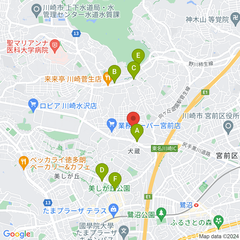 川崎市宮前スポーツセンター周辺のカフェ一覧地図