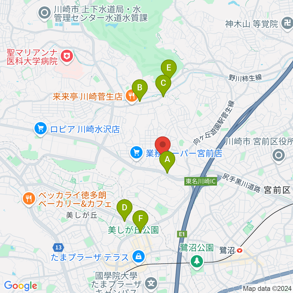 川崎市宮前スポーツセンター周辺のカフェ一覧地図