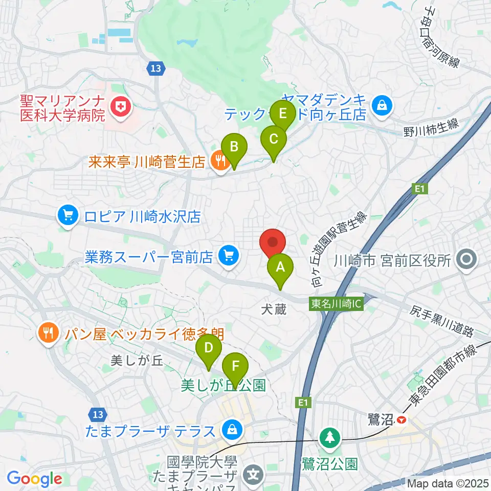 川崎市宮前スポーツセンター周辺のカフェ一覧地図
