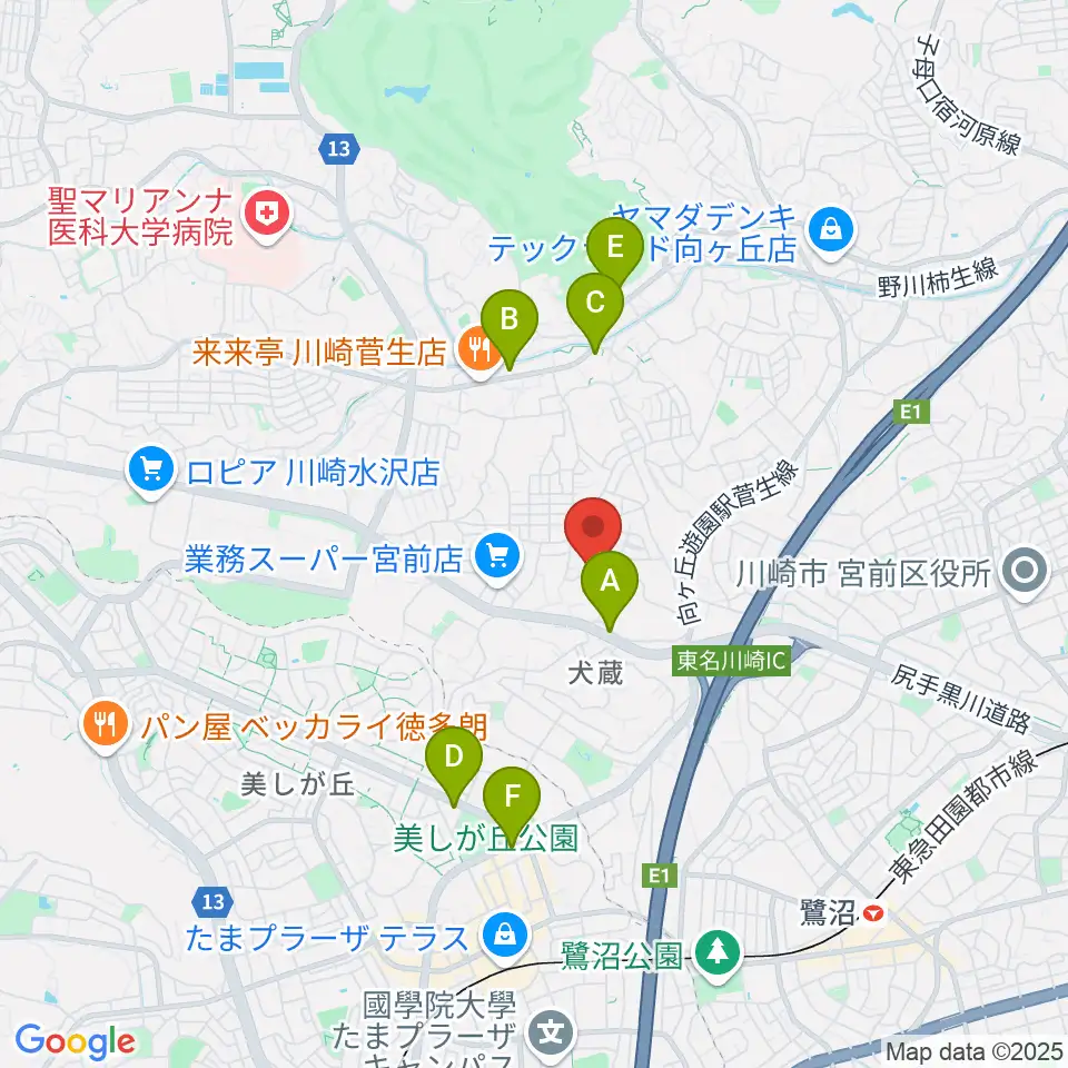 川崎市宮前スポーツセンター周辺のカフェ一覧地図