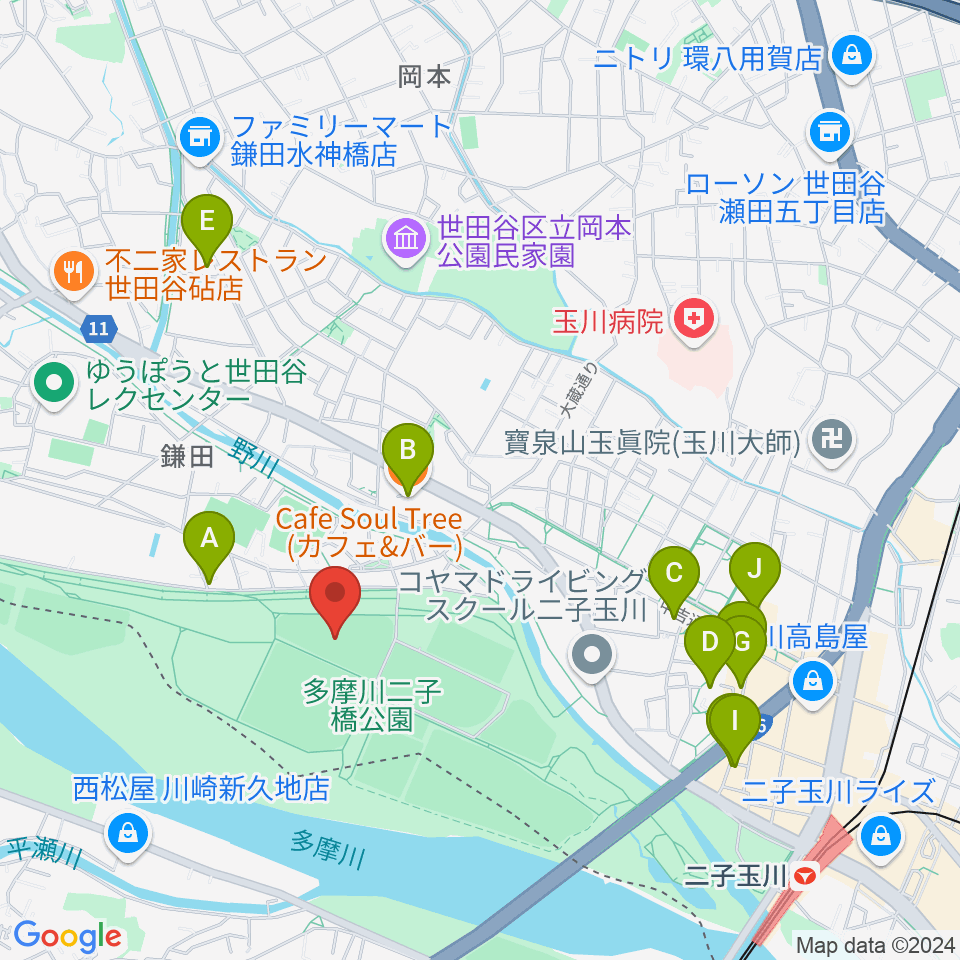 二子玉川緑地野球場周辺のカフェ一覧地図