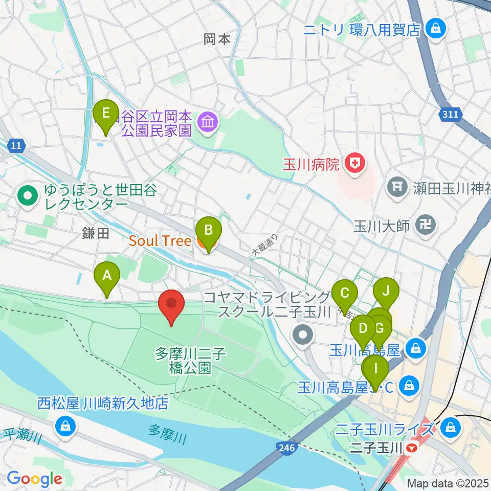 二子玉川緑地野球場周辺のカフェ一覧地図
