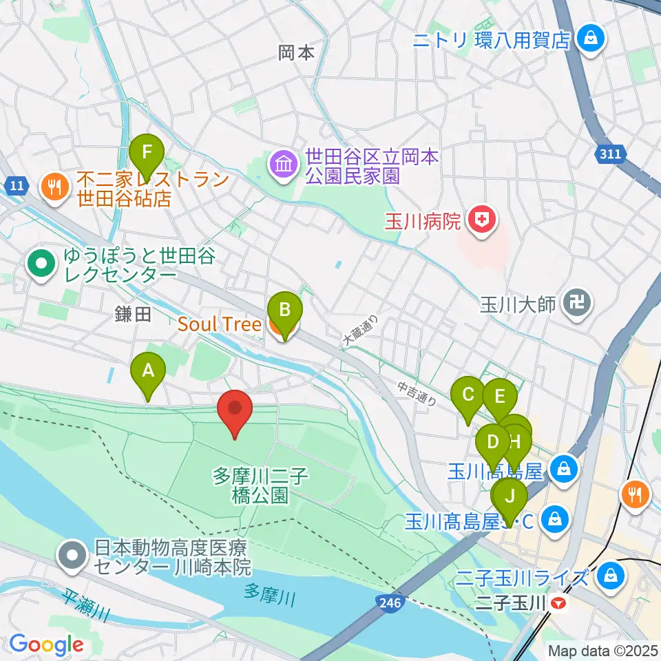 二子玉川緑地野球場周辺のカフェ一覧地図