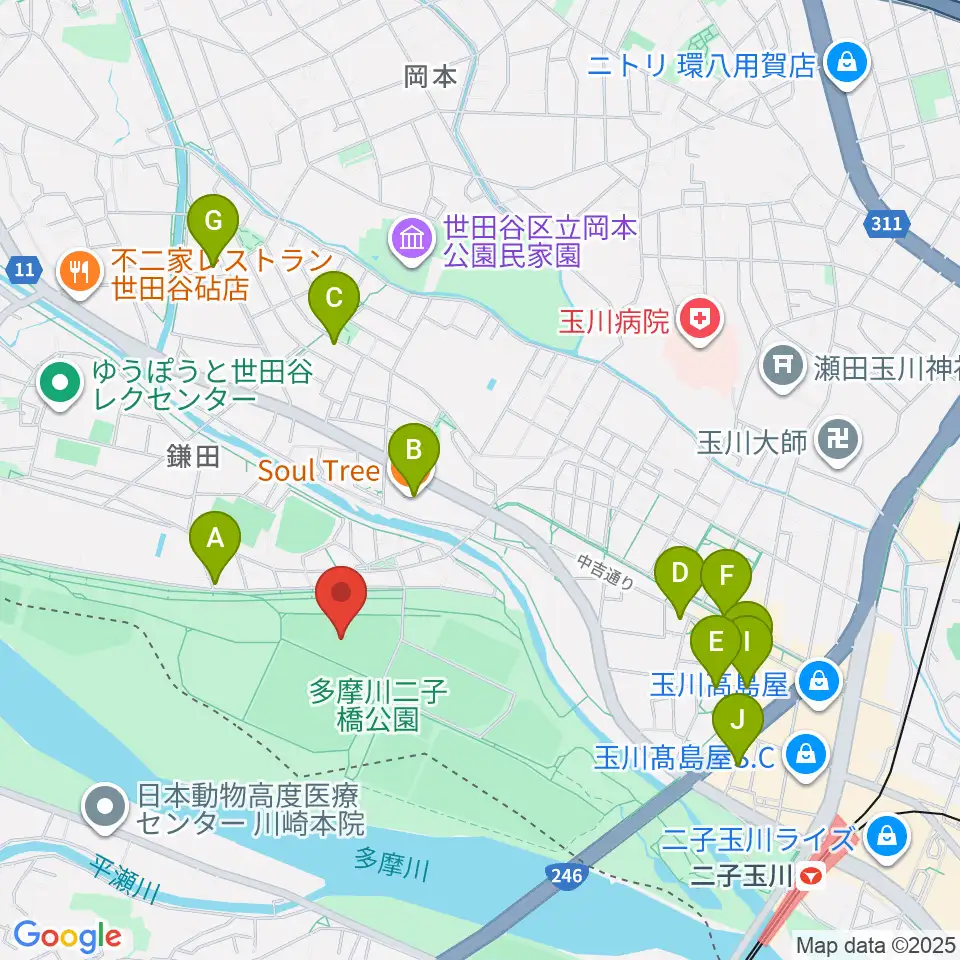 二子玉川緑地野球場周辺のカフェ一覧地図