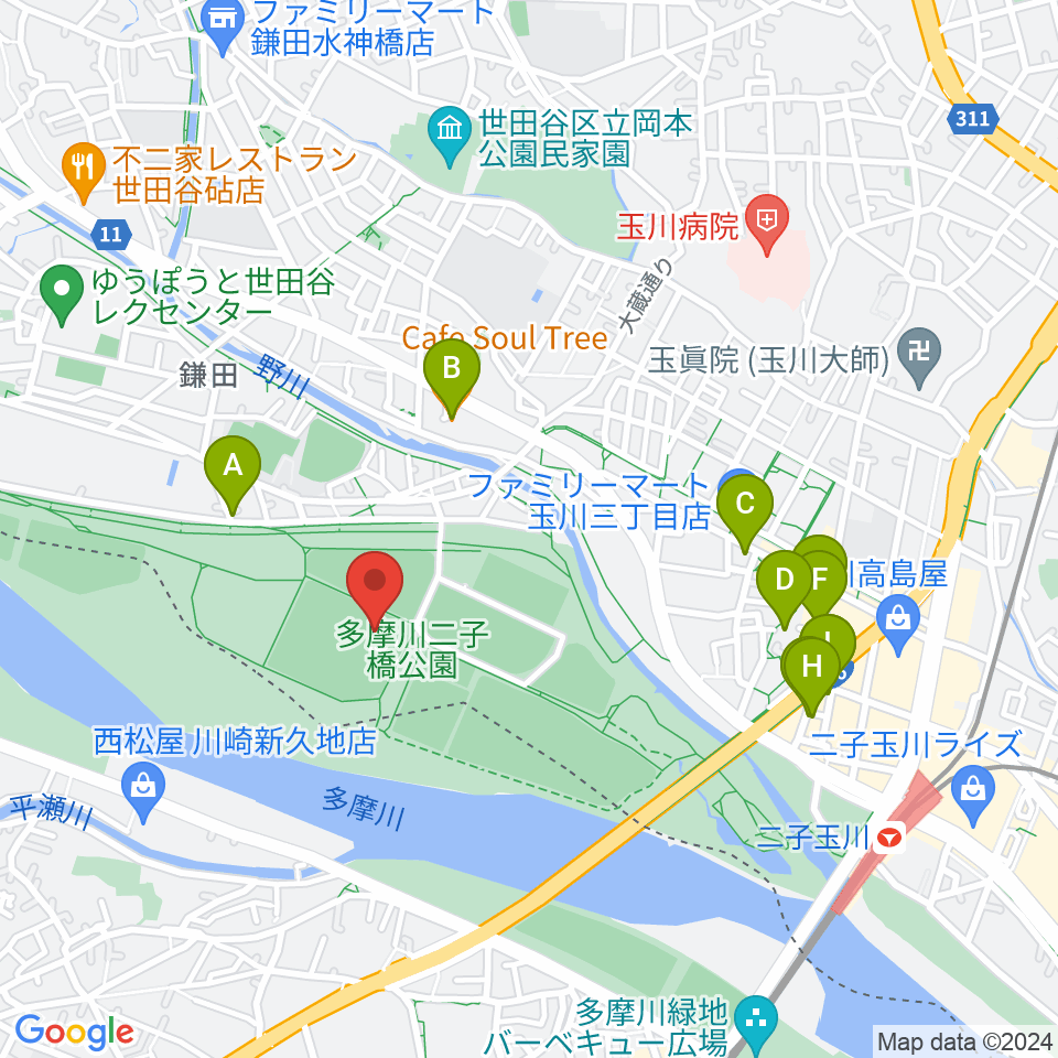 二子玉川緑地球技場・サッカー場周辺のカフェ一覧地図