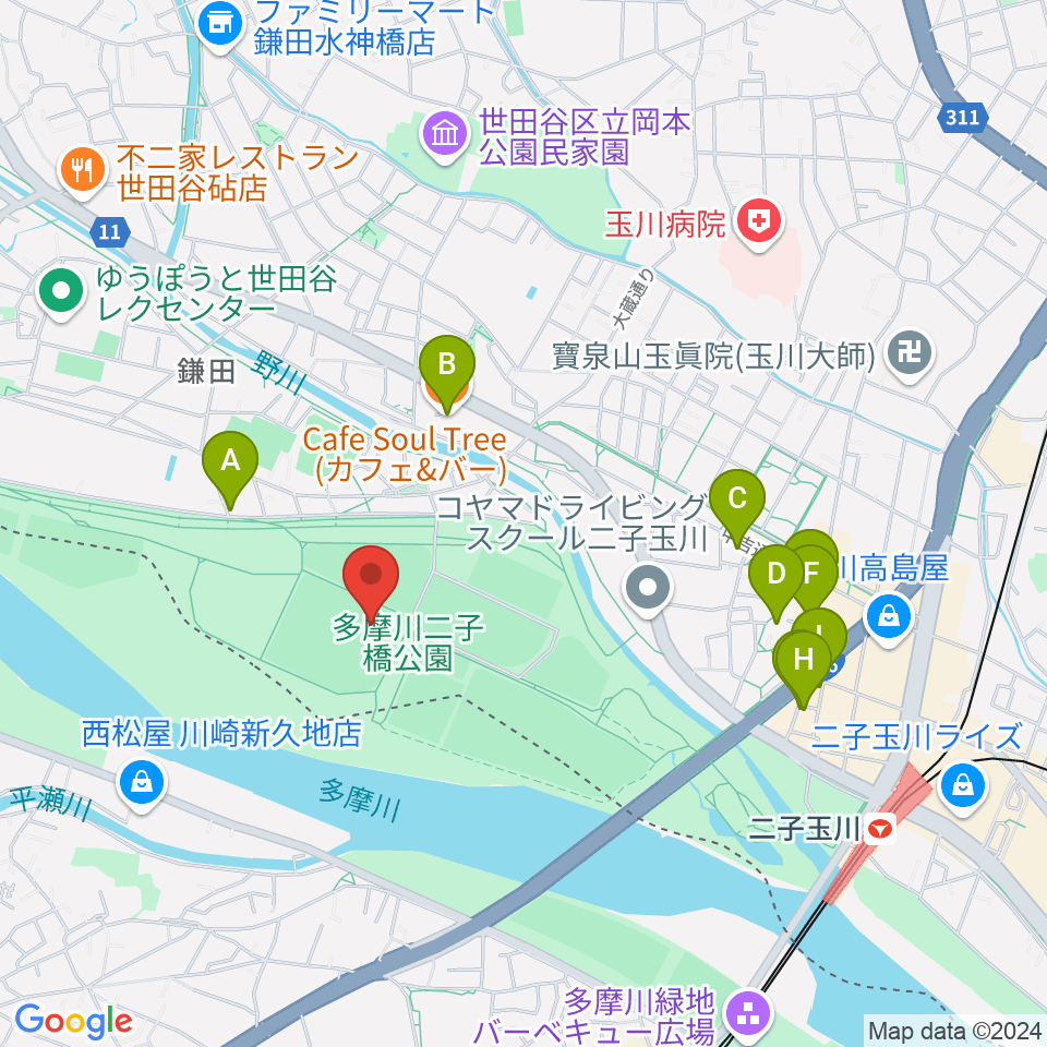 二子玉川緑地球技場・サッカー場周辺のカフェ一覧地図