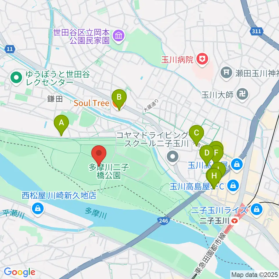 二子玉川緑地球技場・サッカー場周辺のカフェ一覧地図