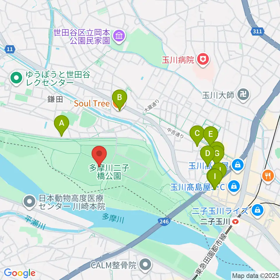 二子玉川緑地球技場・サッカー場周辺のカフェ一覧地図