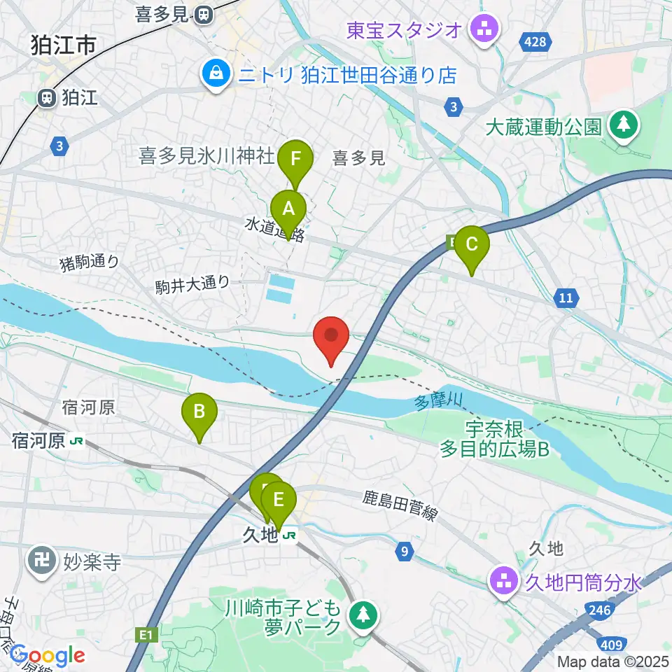 目黒区砧サッカー場周辺のカフェ一覧地図