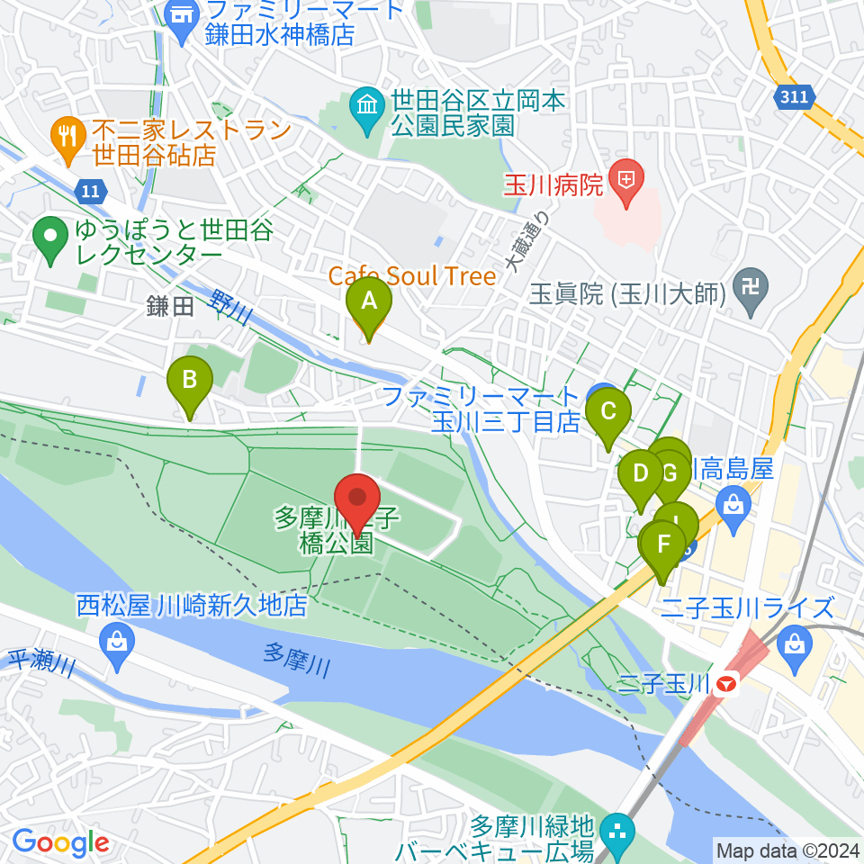 二子玉川区民運動施設周辺のカフェ一覧地図