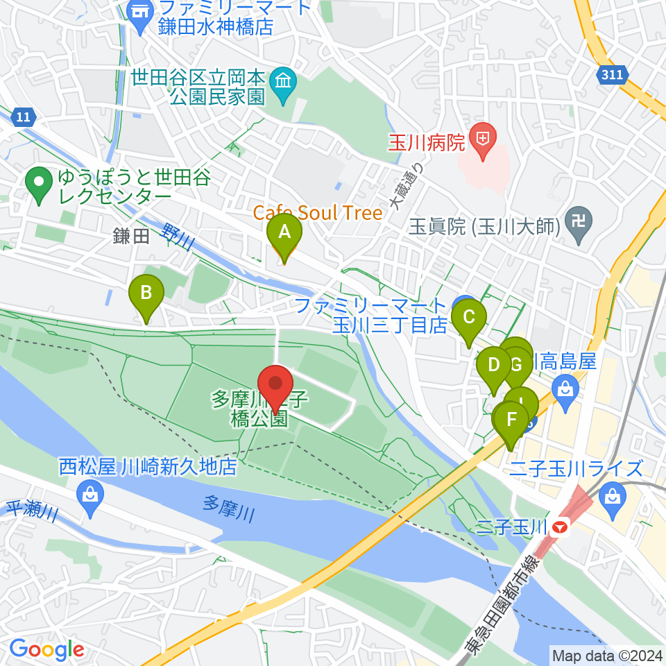 二子玉川区民運動施設周辺のカフェ一覧地図