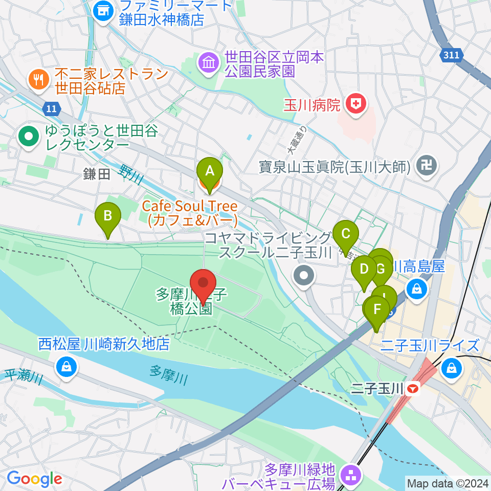 二子玉川区民運動施設周辺のカフェ一覧地図