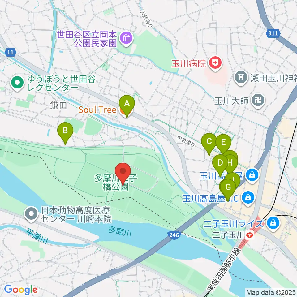 二子玉川区民運動施設周辺のカフェ一覧地図