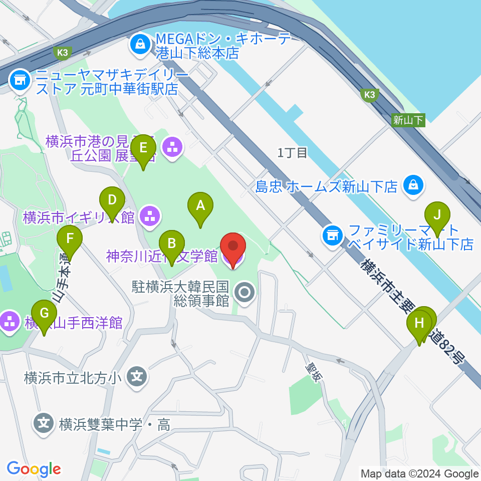 神奈川近代文学館周辺のカフェ一覧地図