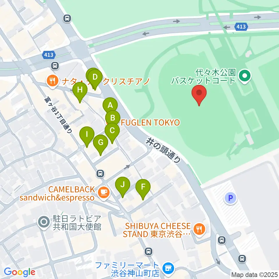 代々木公園陸上競技場周辺のカフェ一覧地図
