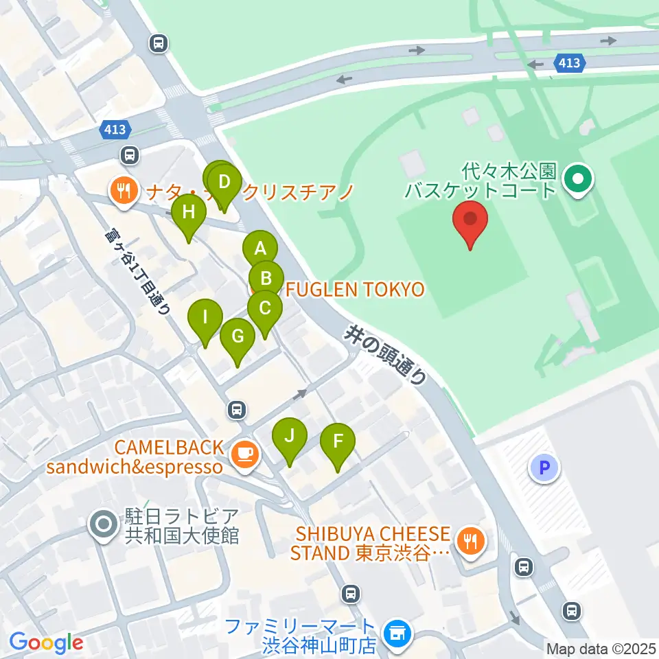 代々木公園陸上競技場周辺のカフェ一覧地図