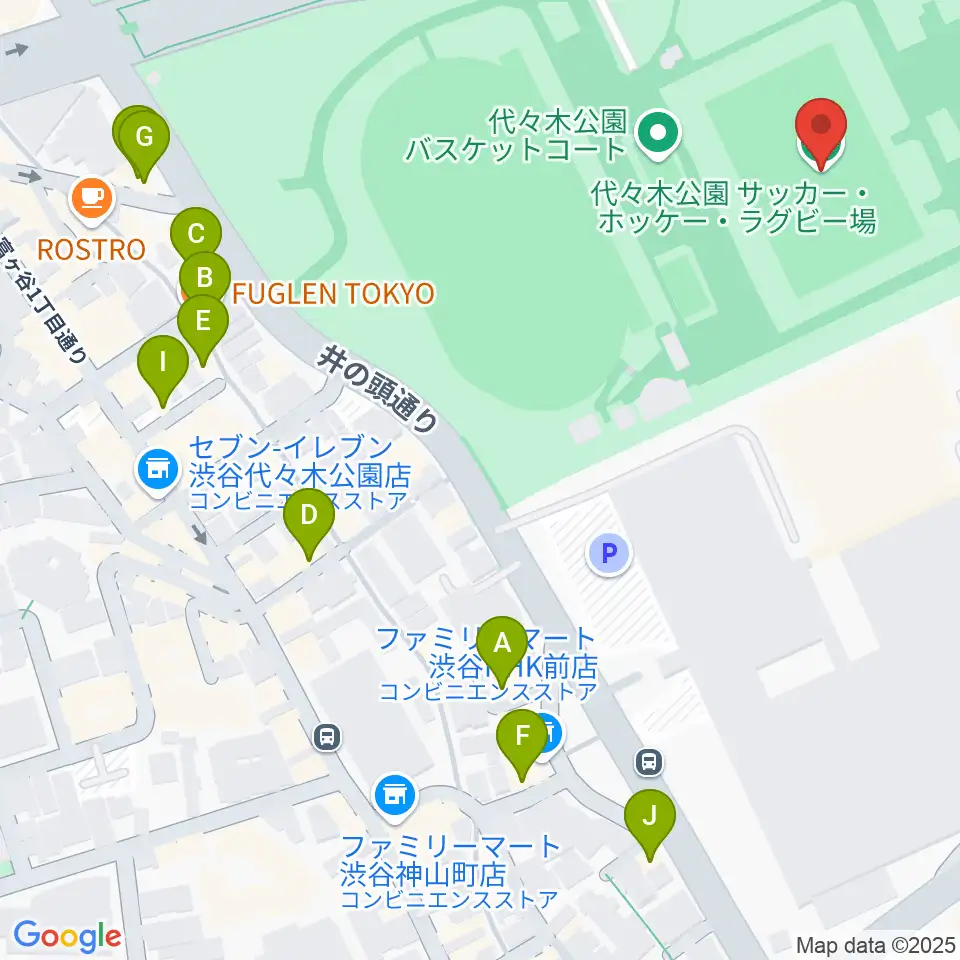 代々木公園球技場周辺のカフェ一覧地図