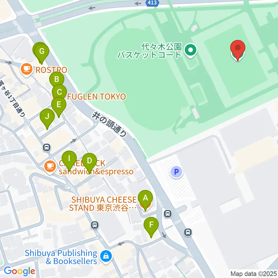 代々木公園球技場周辺のカフェ一覧地図