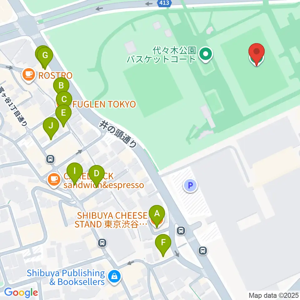 代々木公園球技場周辺のカフェ一覧地図