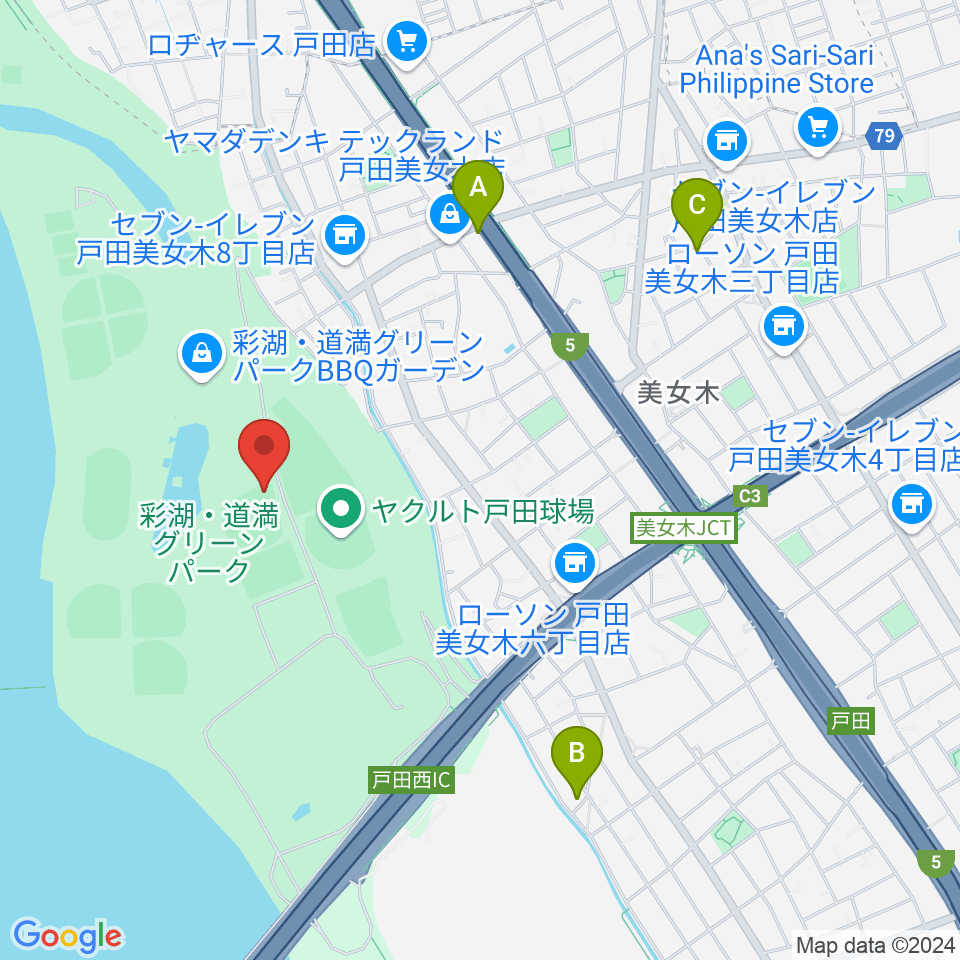 彩湖・道満グリーンパーク野球場周辺のカフェ一覧地図