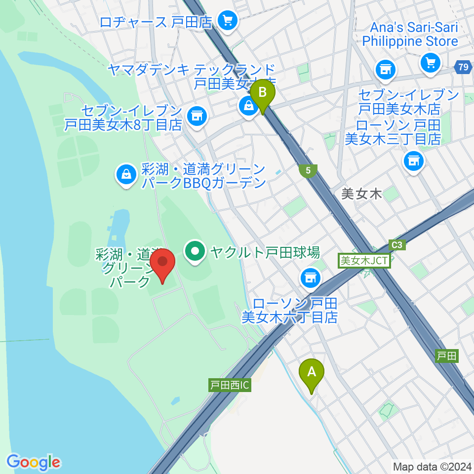 彩湖・道満グリーンパークサッカー場周辺のカフェ一覧地図