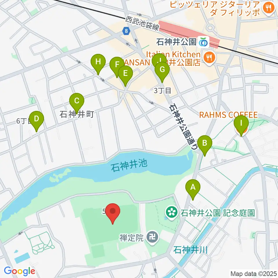 石神井公園野球場周辺のカフェ一覧地図