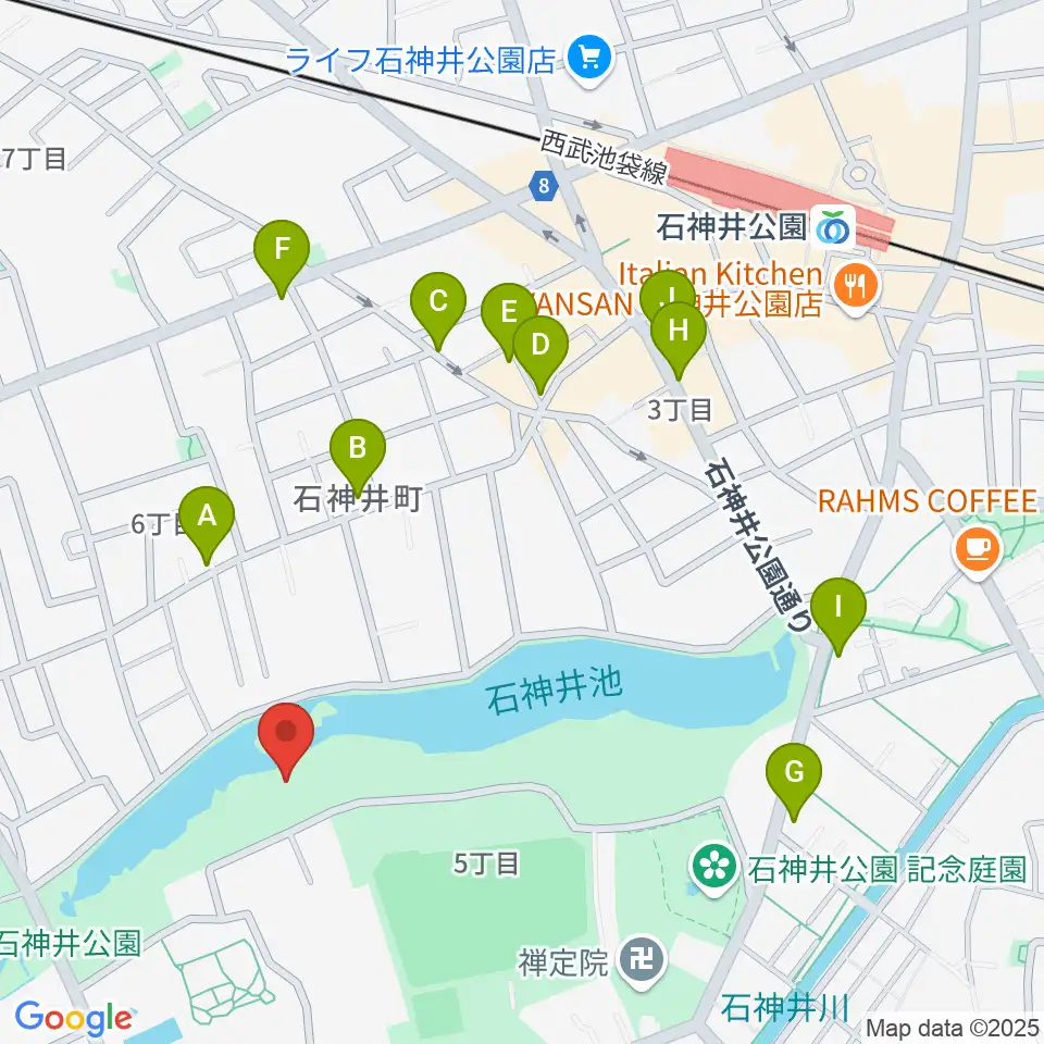 石神井公園野外ステージ周辺のカフェ一覧地図
