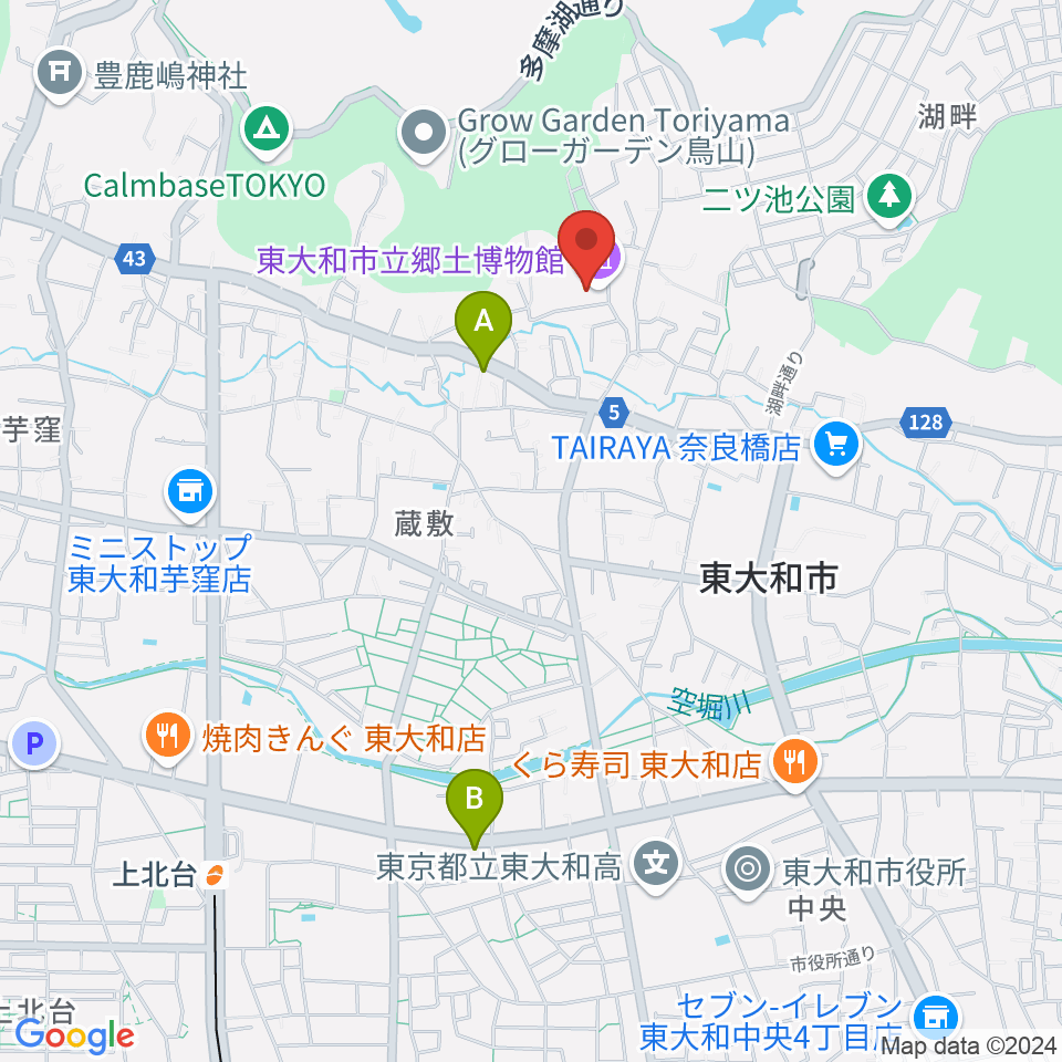 東大和市立郷土博物館周辺のカフェ一覧地図