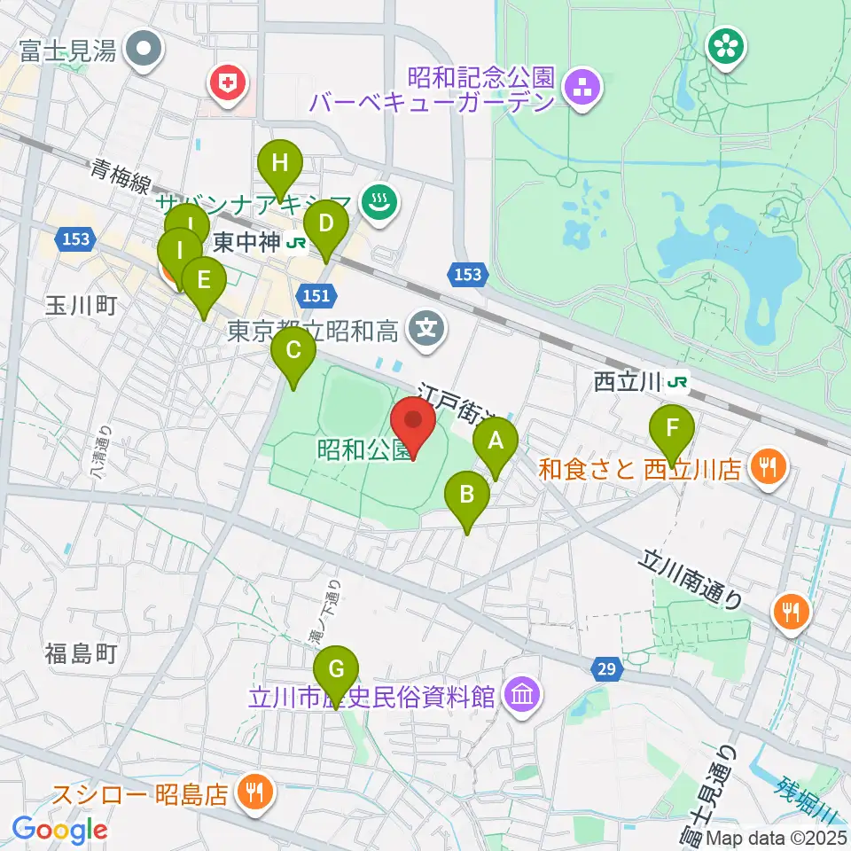 昭和公園陸上競技場周辺のカフェ一覧地図