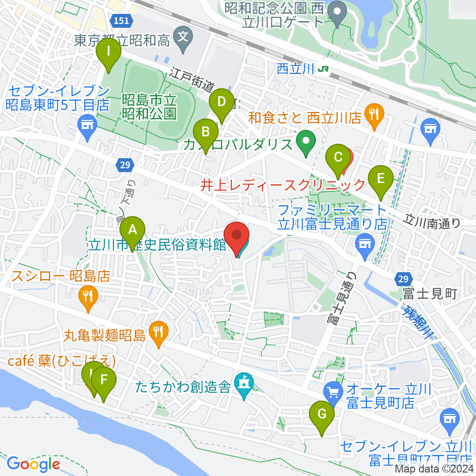 立川市歴史民俗資料館周辺のカフェ一覧地図