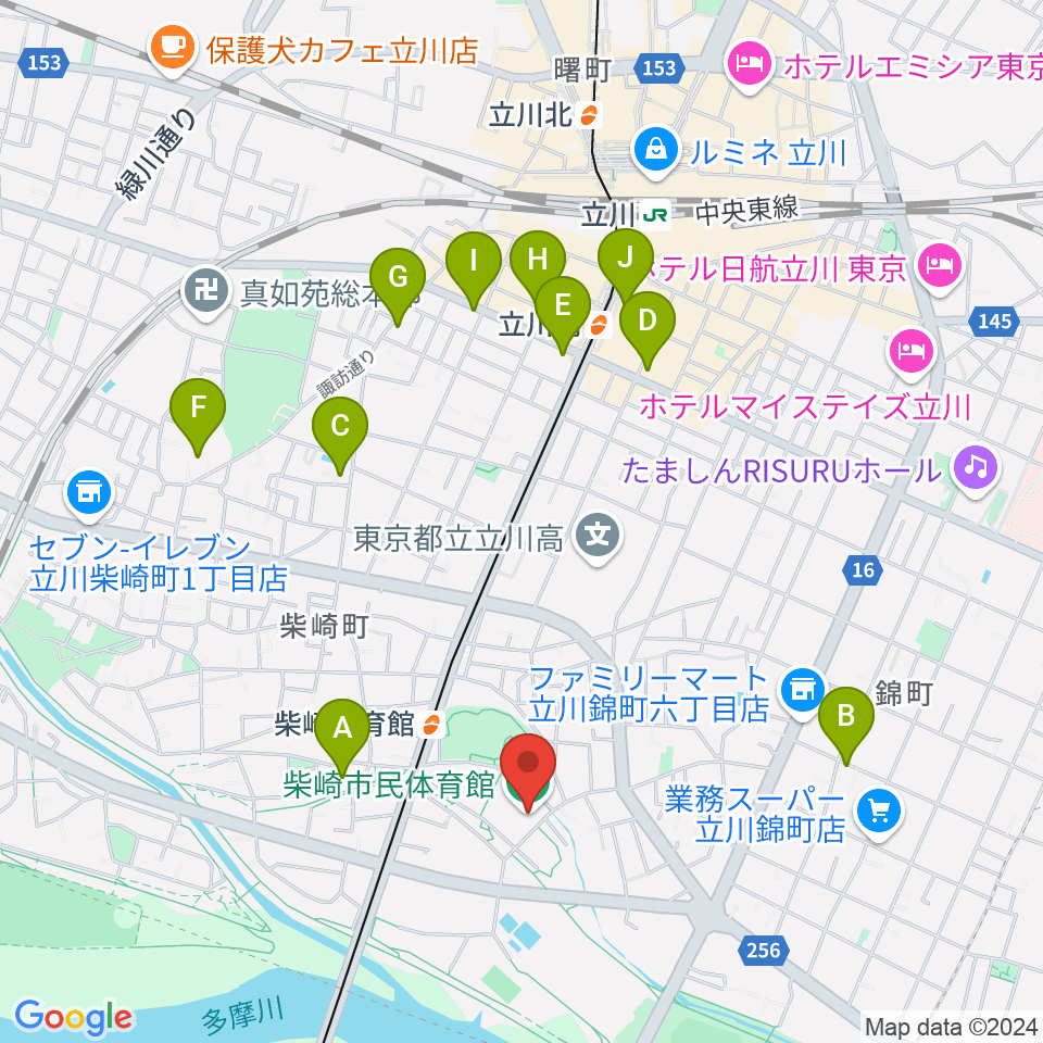 立川市柴崎市民体育館周辺のカフェ一覧地図