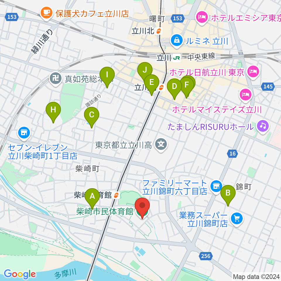 立川市柴崎市民体育館周辺のカフェ一覧地図