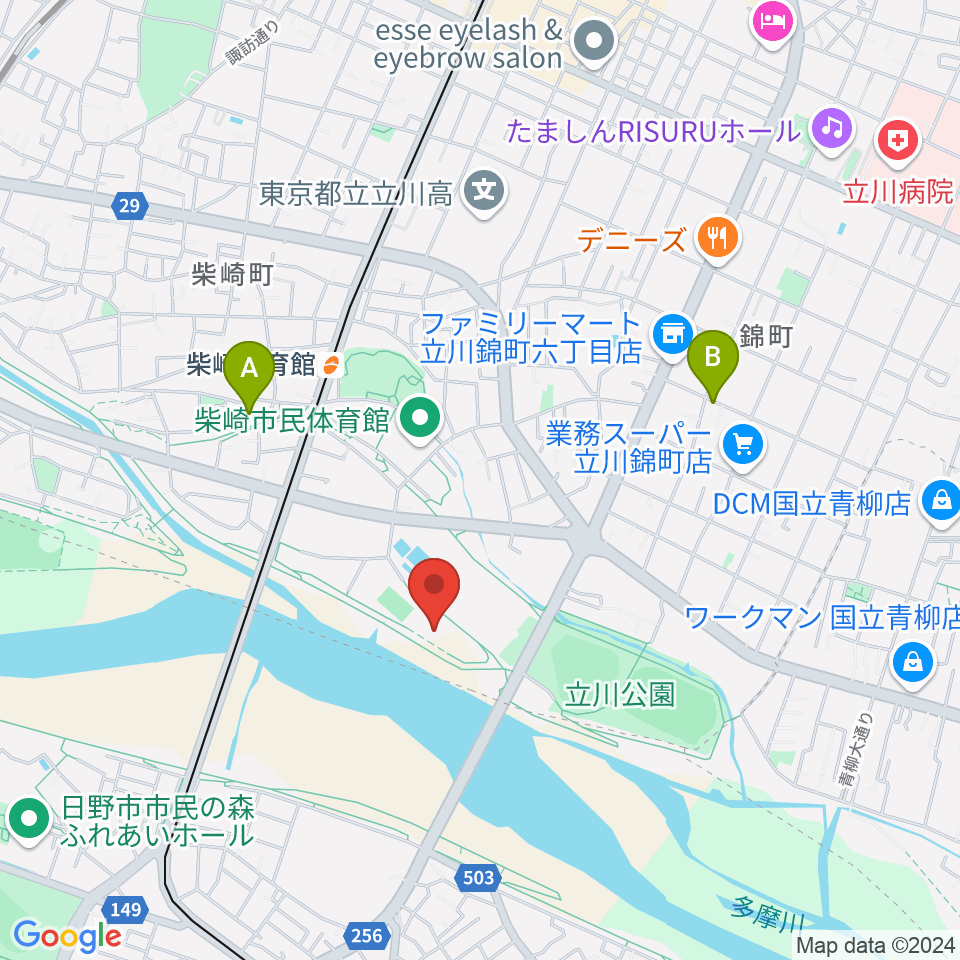 立川公園新堤防運動広場周辺のカフェ一覧地図