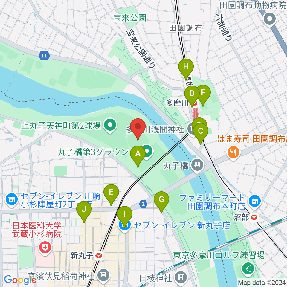 多摩川丸子橋硬式野球場周辺のカフェ一覧地図