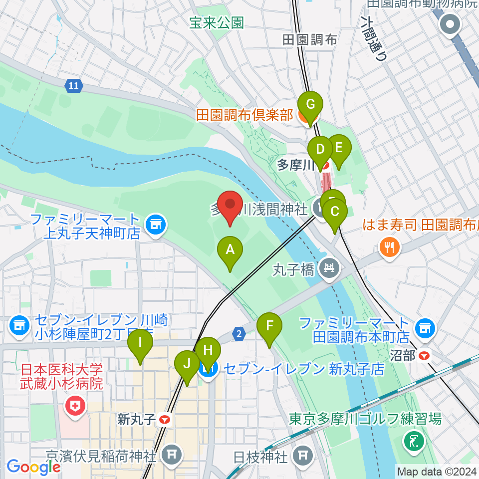 多摩川丸子橋硬式野球場周辺のカフェ一覧地図