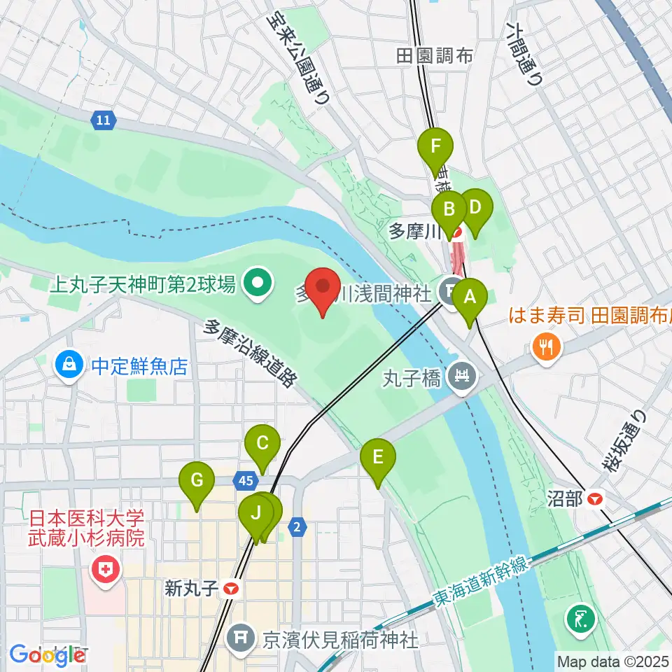 多摩川丸子橋硬式野球場周辺のカフェ一覧地図