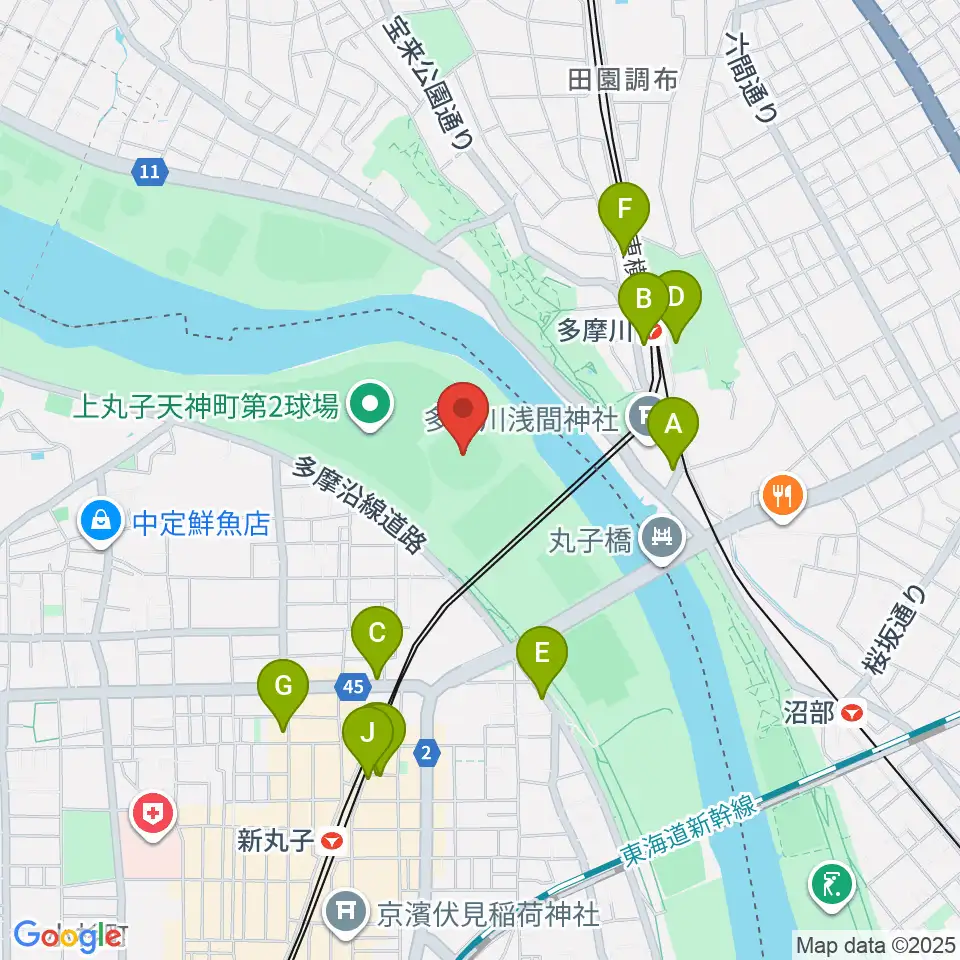 多摩川丸子橋硬式野球場周辺のカフェ一覧地図