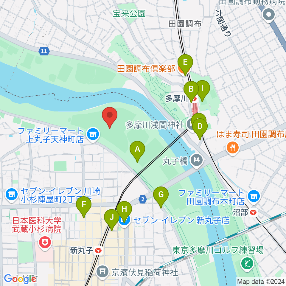 上丸子天神町野球場周辺のカフェ一覧地図