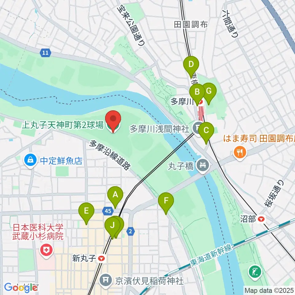 上丸子天神町野球場周辺のカフェ一覧地図