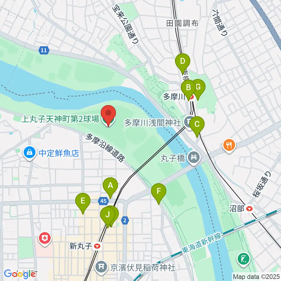 上丸子天神町野球場周辺のカフェ一覧地図