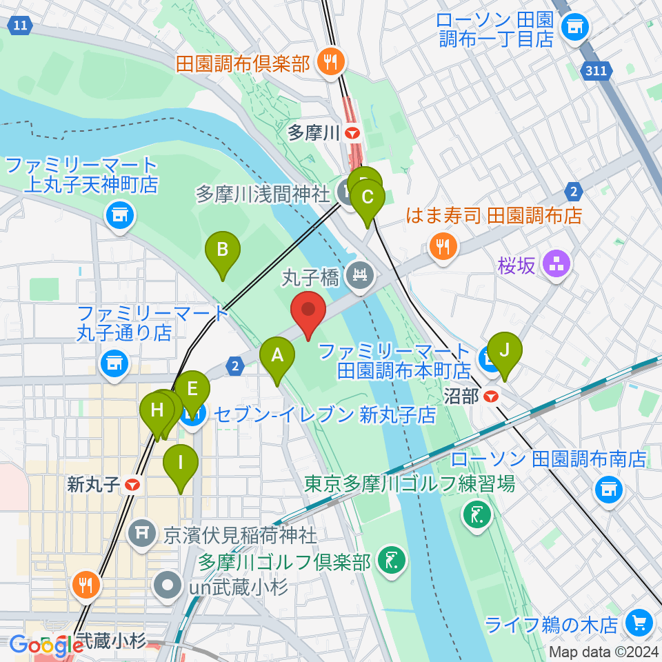 丸子橋運動場周辺のカフェ一覧地図