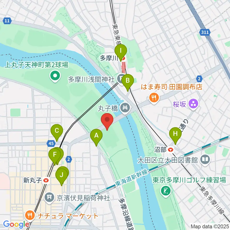 丸子橋運動場周辺のカフェ一覧地図