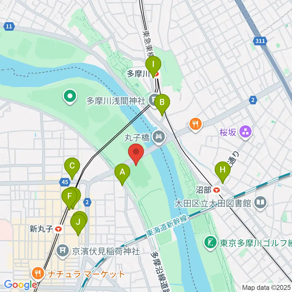 丸子橋運動場周辺のカフェ一覧地図