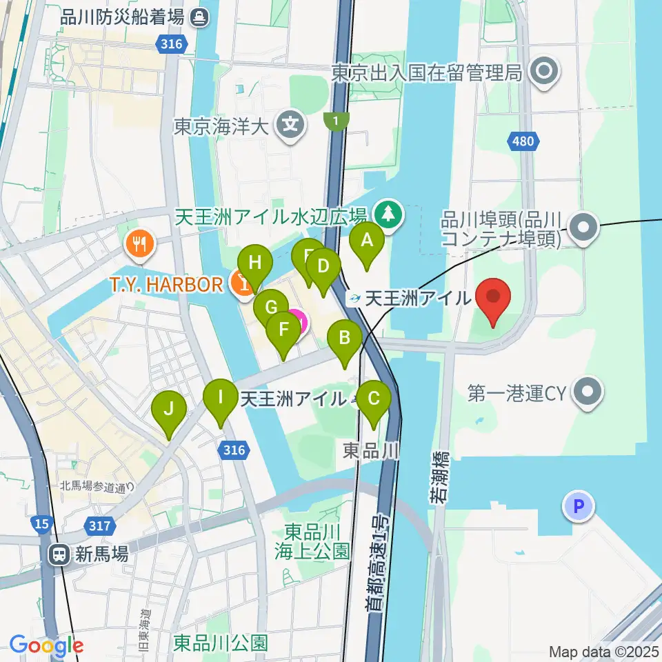 品川南ふ頭公園野球場周辺のカフェ一覧地図