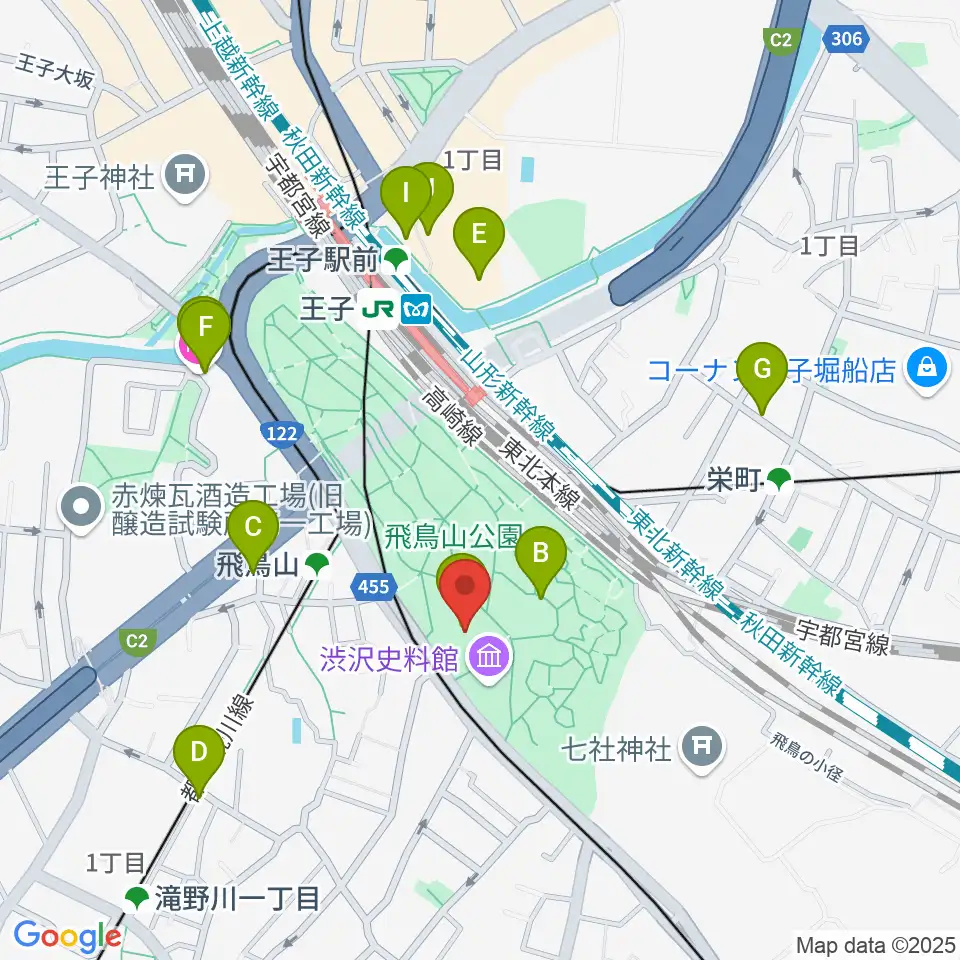 北区飛鳥山博物館周辺のカフェ一覧地図