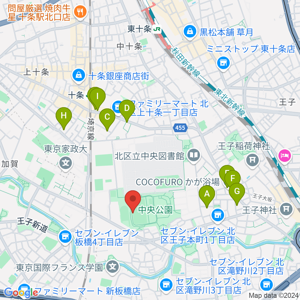 北区中央公園野球場周辺のカフェ一覧地図